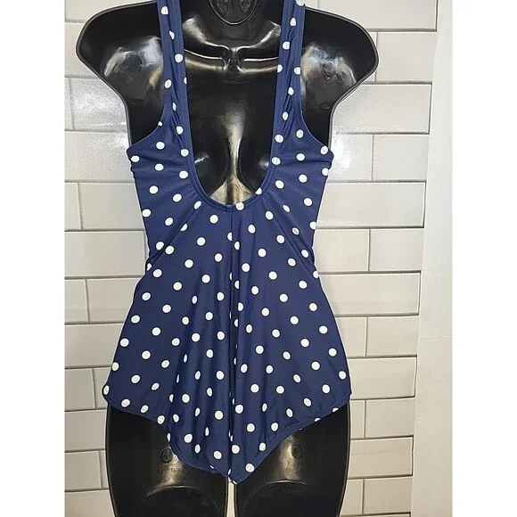 Lands' End Women's Sz 4/6 Polka Dots One Piece Swimsuit Navy Beach Resortwear - Picture 3 of 8